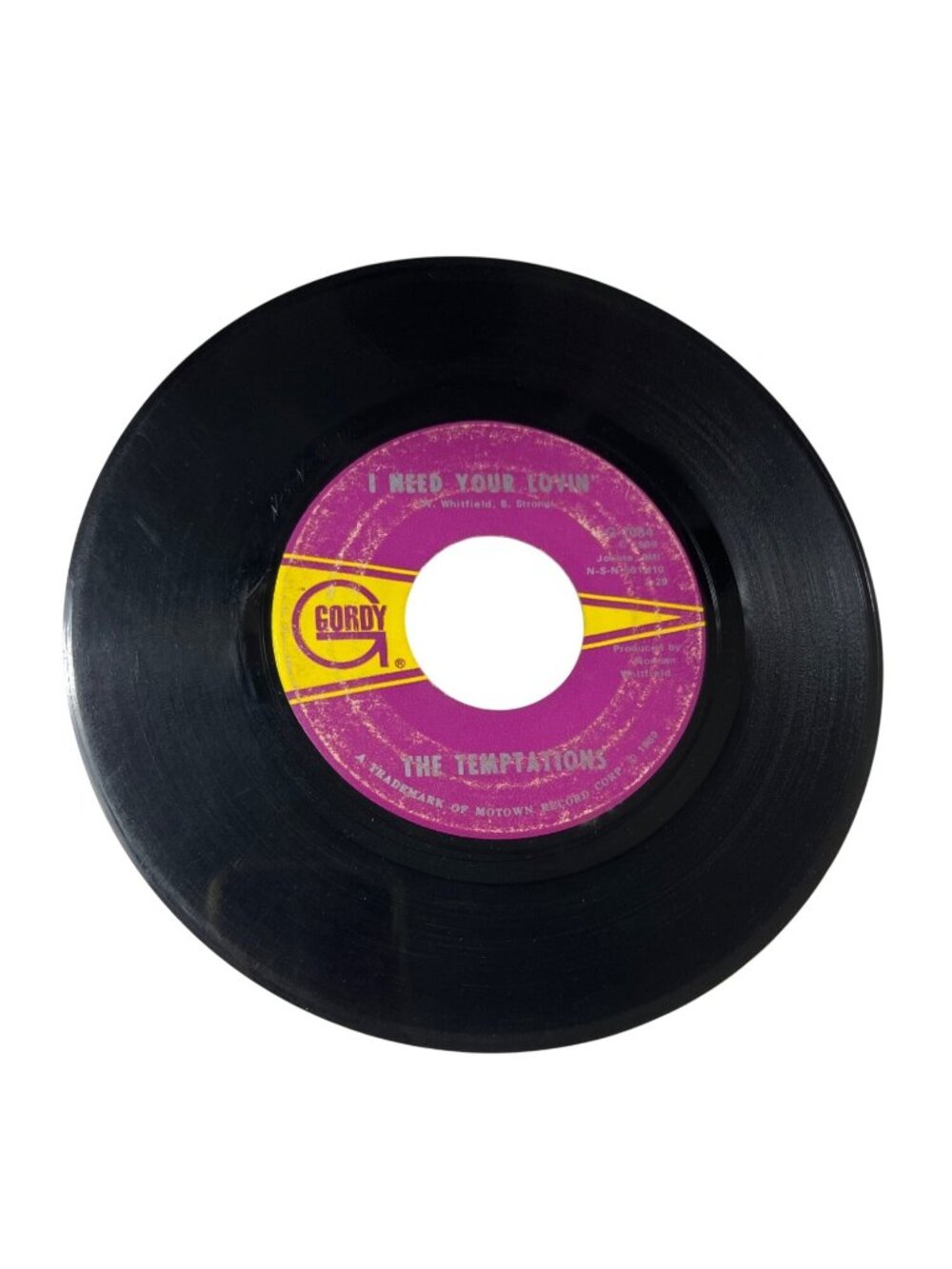The Temptations Gordy 45 RPM Vinyl Record "I Need Your Lovin" & "Run Away Child"
